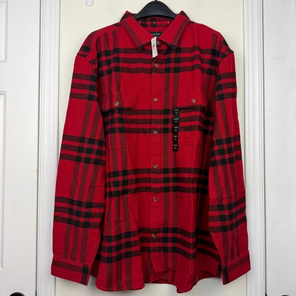 NEW Banana Republic Flannel Shirt Mens XXL Cotton Red Black Plaid Standard Fit